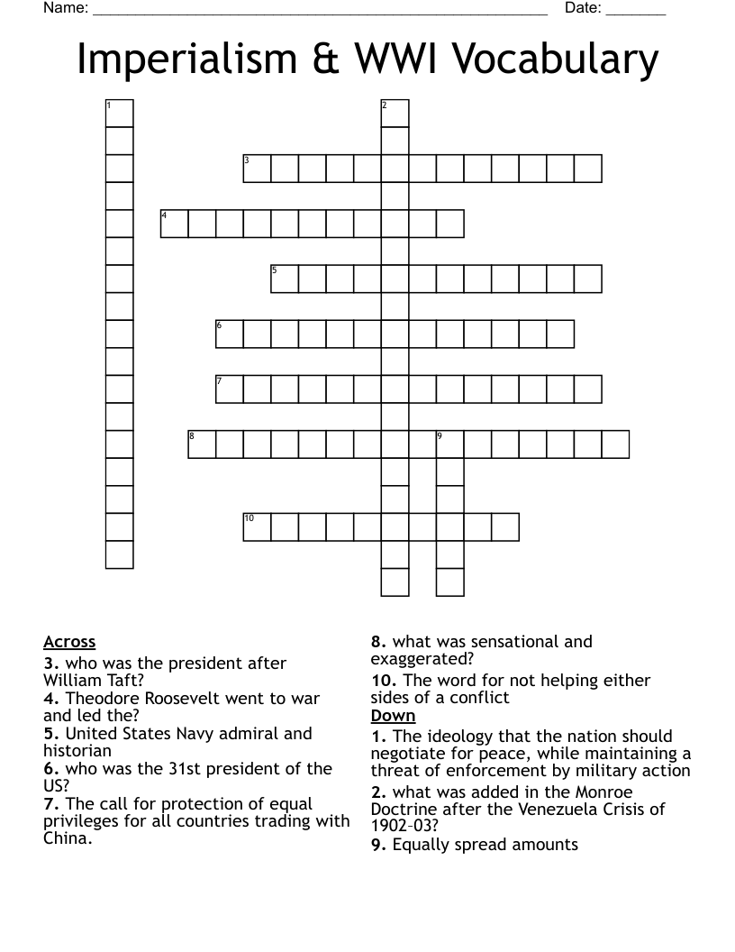 Imperialism & WWI Vocabulary Crossword
