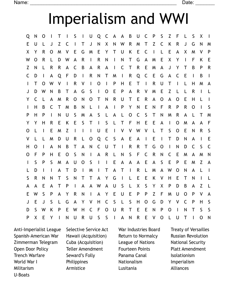 Imperialism and WWI Word Search
