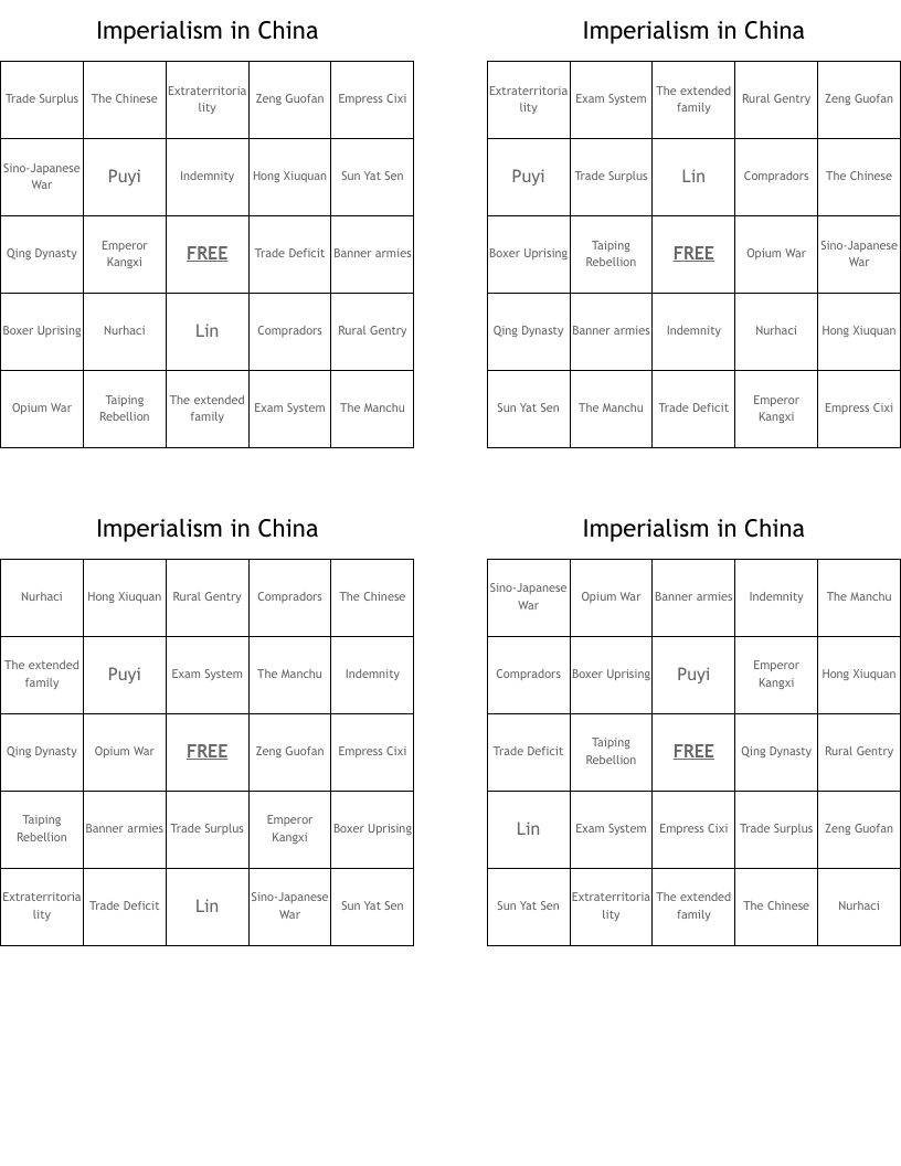 Imperialism in China Bingo Cards