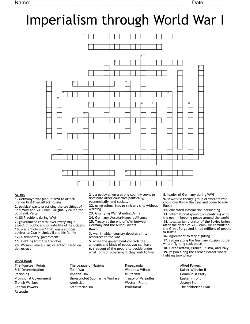 Imperialism through World War I Crossword