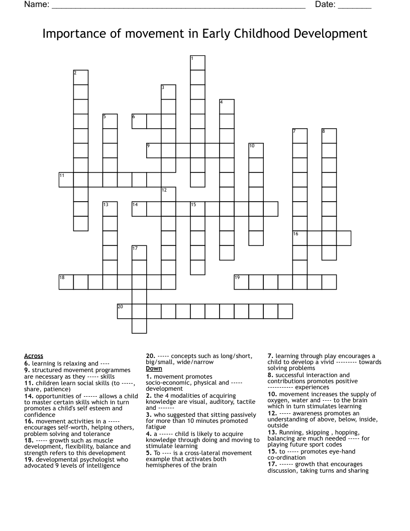 Importance of movement in Early Childhood Development Crossword