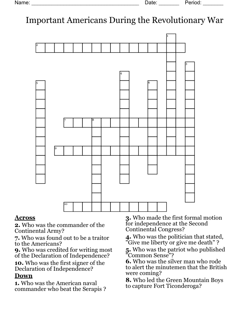 Important Americans During the Revolutionary War Crossword