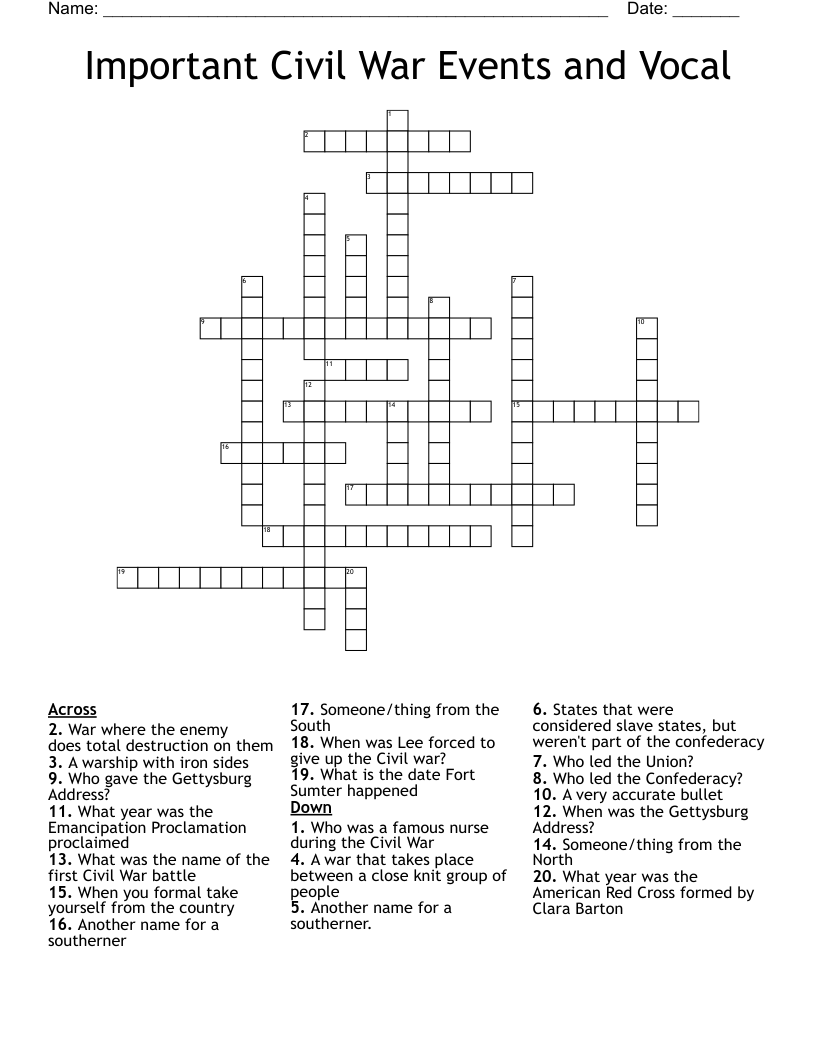 Important Civil War Events and Vocal Crossword
