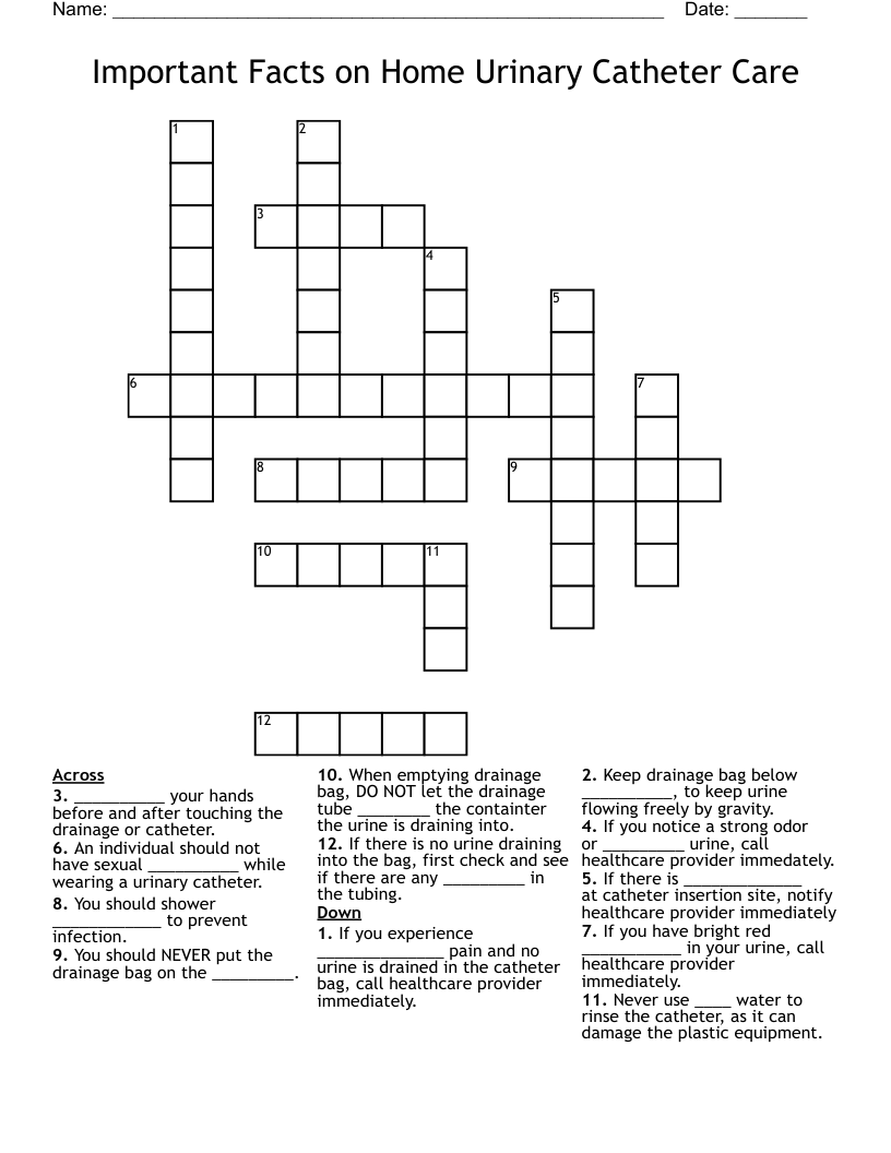 Important Facts on Home Urinary Catheter Care Crossword