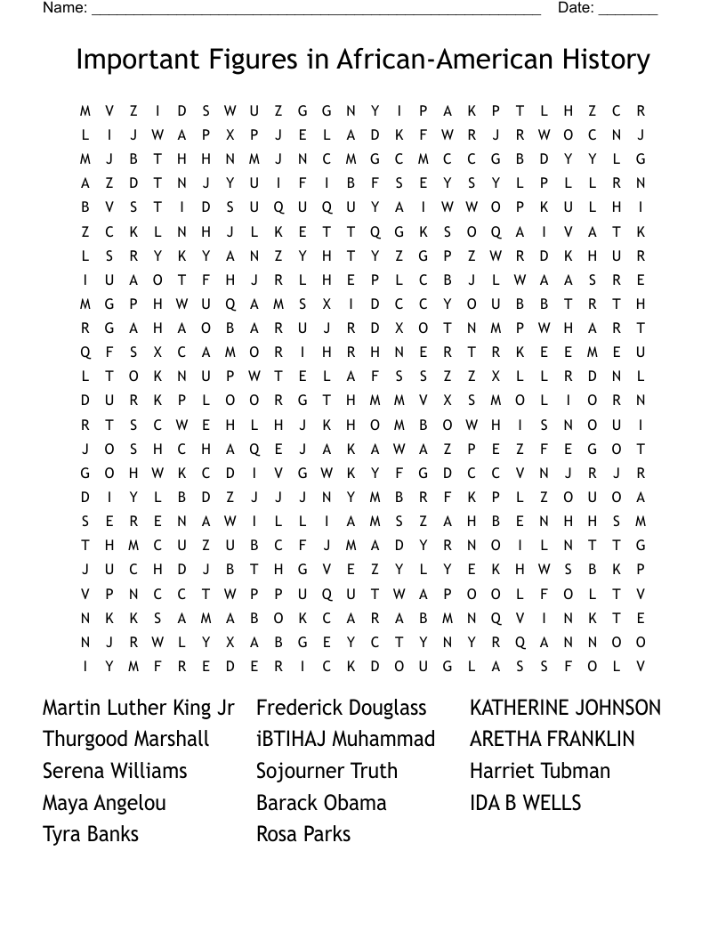 Important Figures in African-American History Word Search