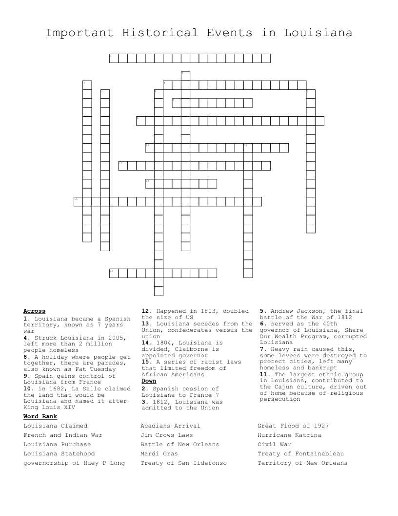 Important Historical Events in Louisiana  Crossword