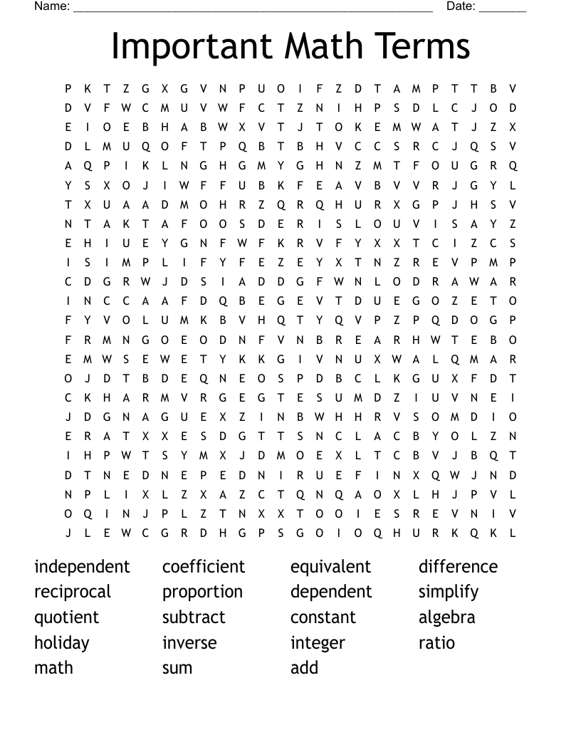Important Math Terms  Word Search