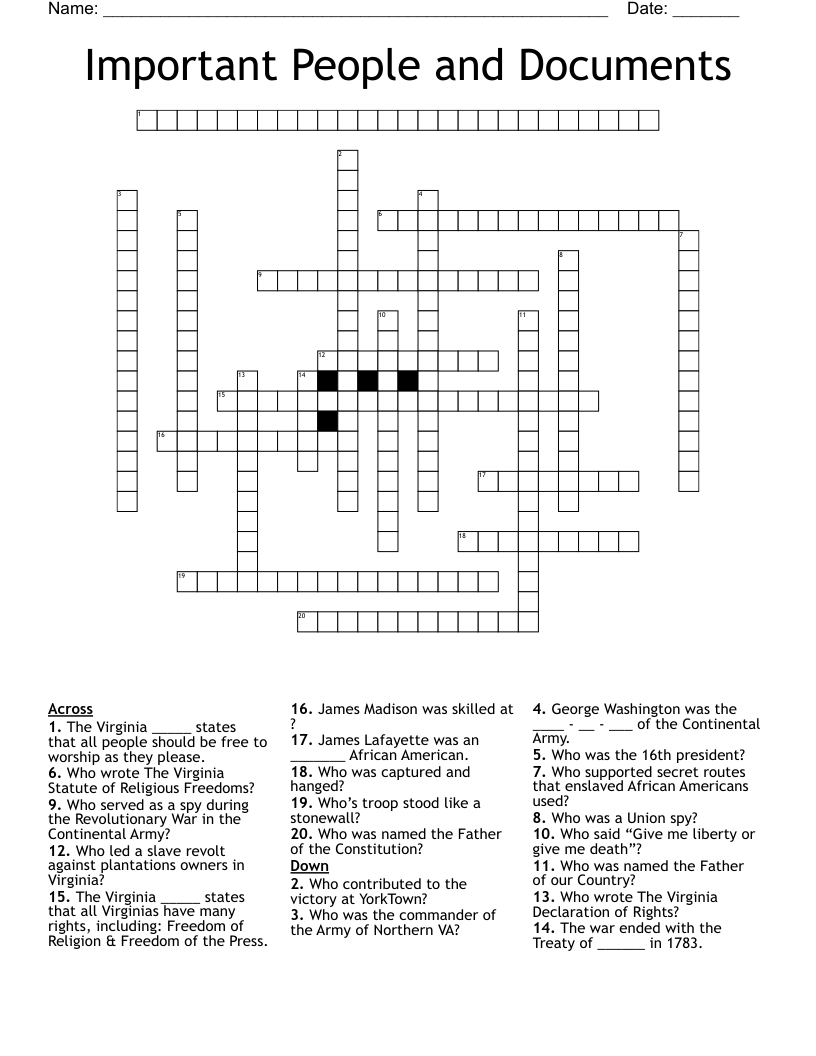 Important People and Documents Crossword