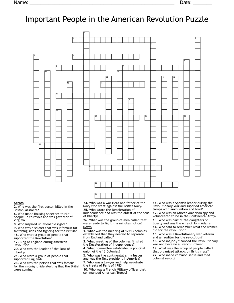 Important People in  the American Revolution Puzzle Crossword