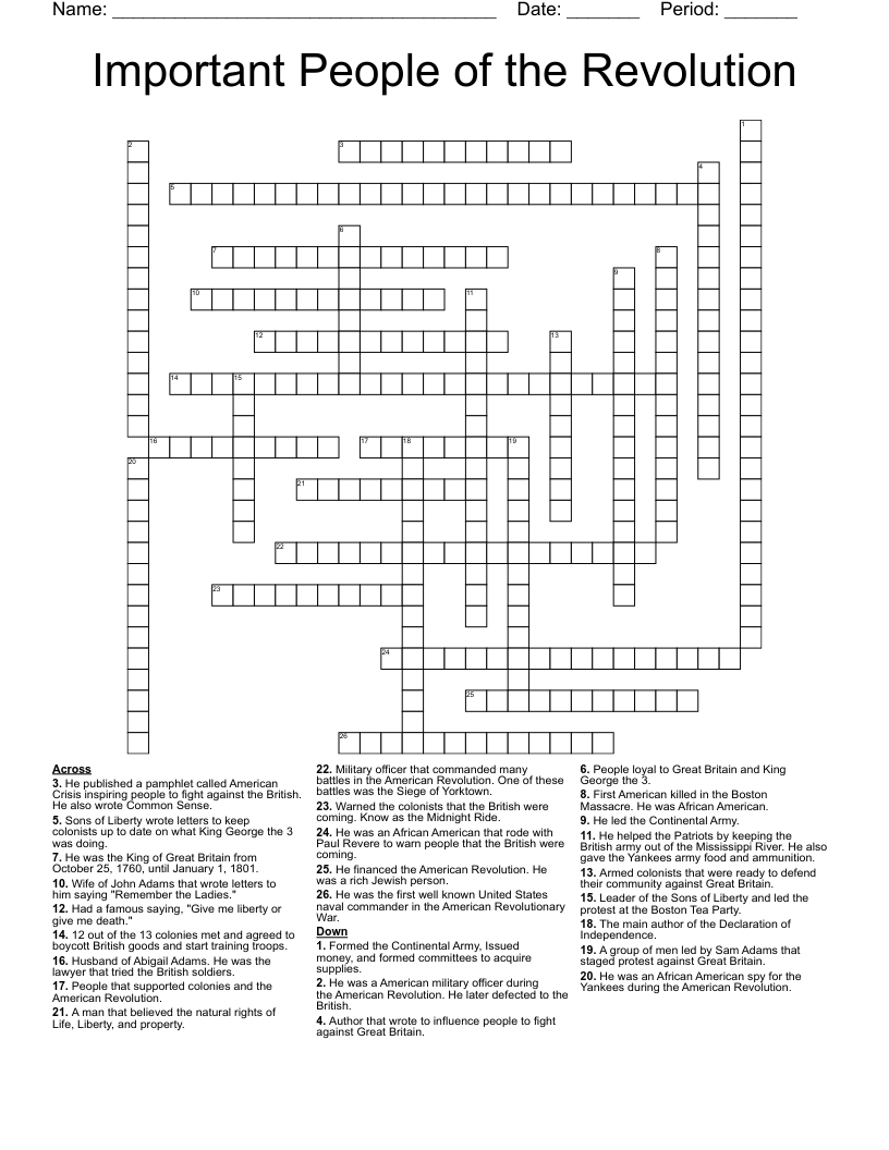 Important People of the Revolution Crossword