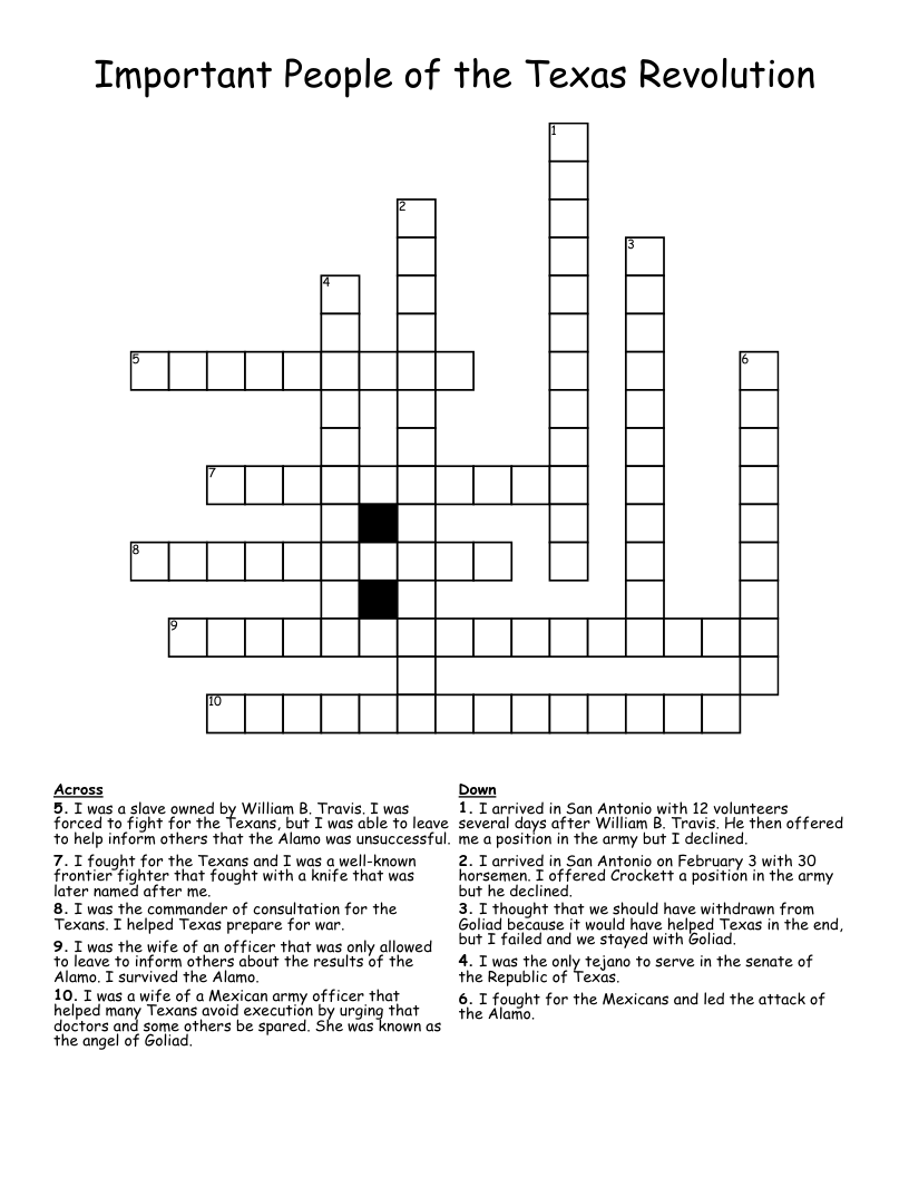 Important People of the Texas Revolution Crossword