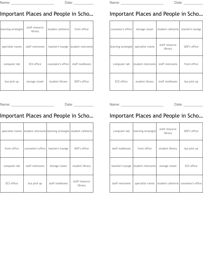 Important Places and People in Schools  Bingo Cards