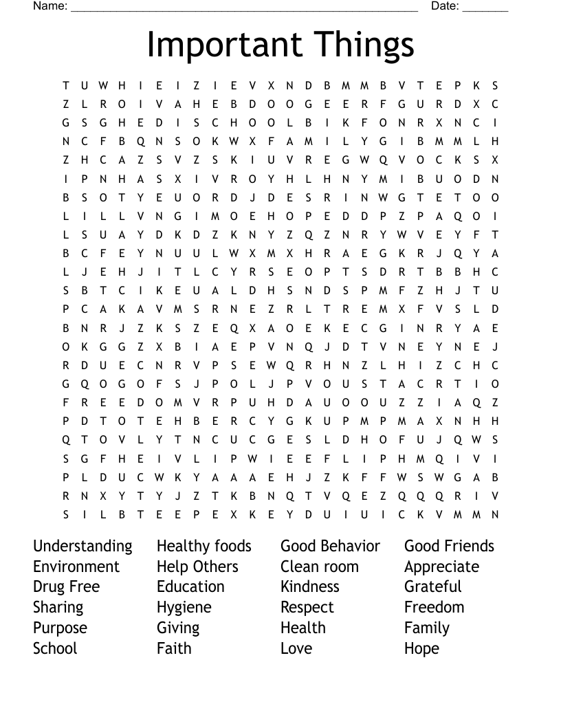 Important Things Word Search