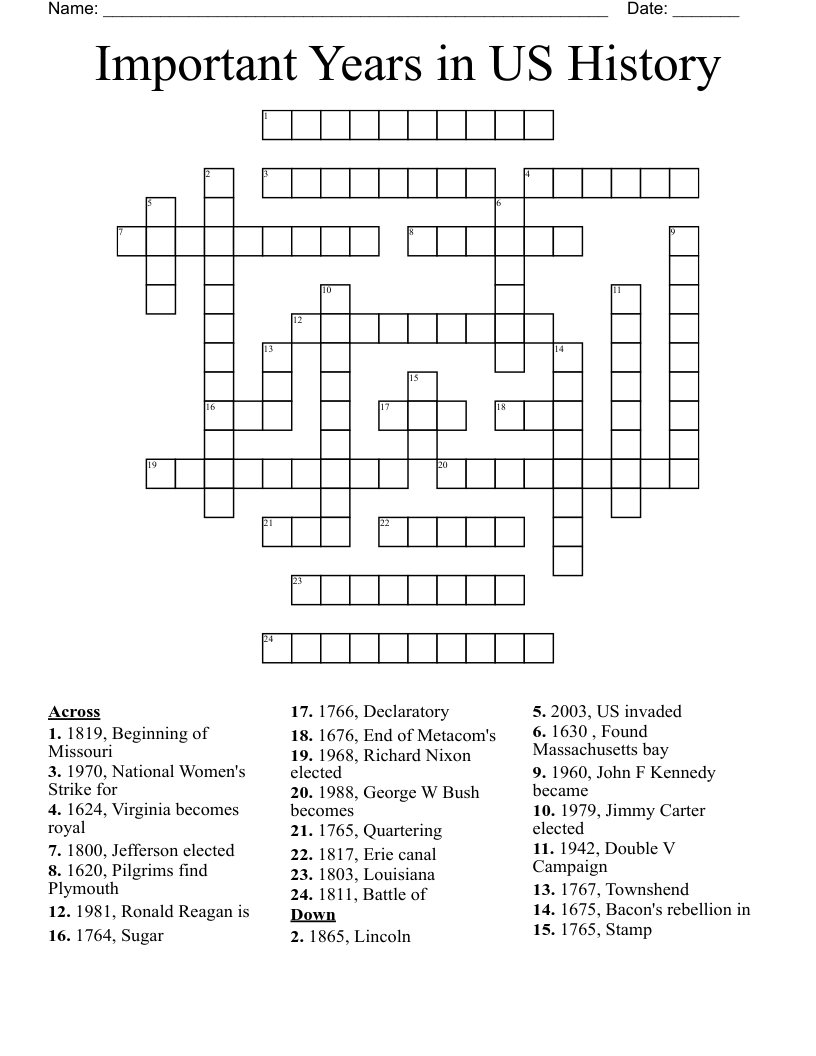 Important Years in US History Crossword