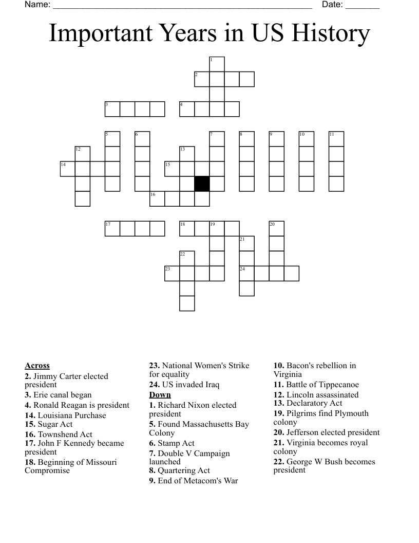 Important Years in  US History Crossword