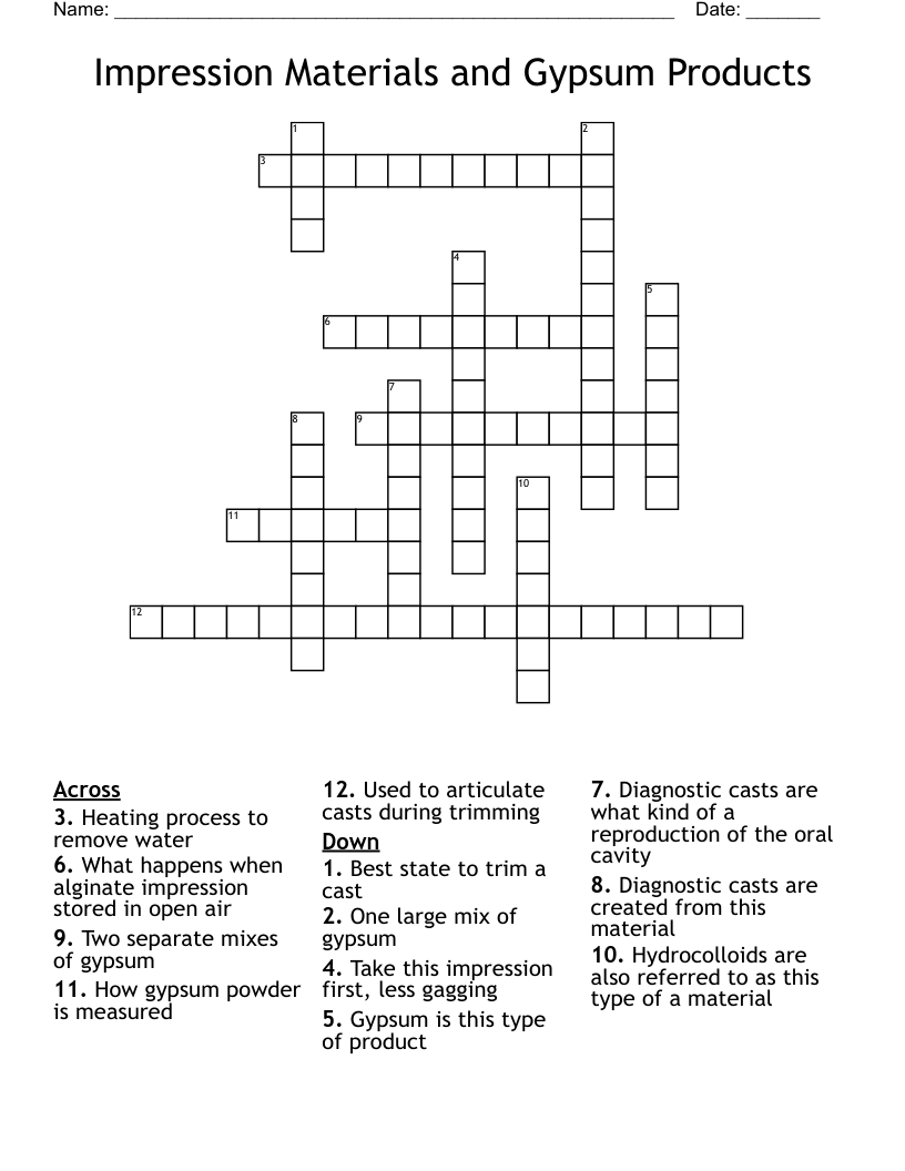 Impression Materials and Gypsum Products Crossword