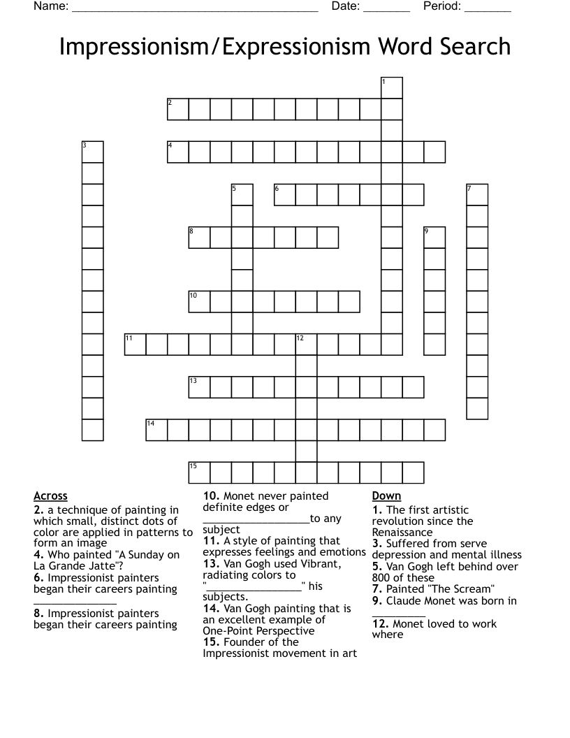 Impressionism/Expressionism Word Search Crossword