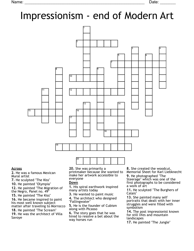 Impressionism - end of Modern Art Crossword
