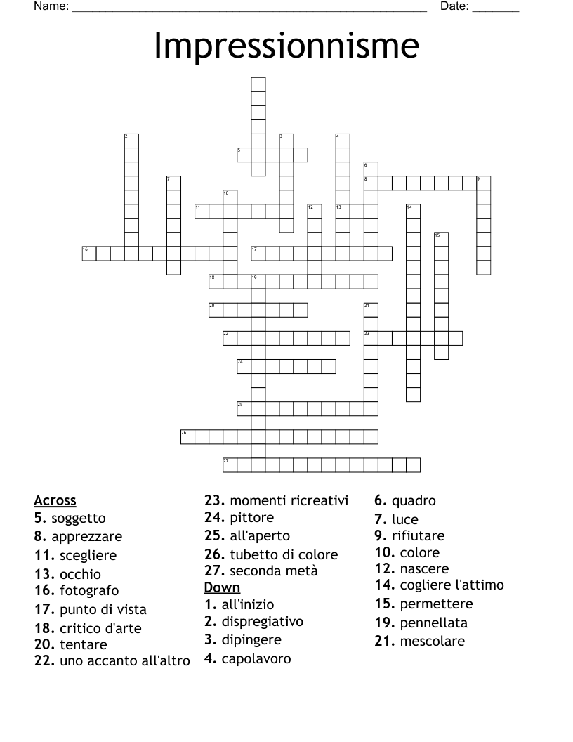 Impressionnisme Crossword