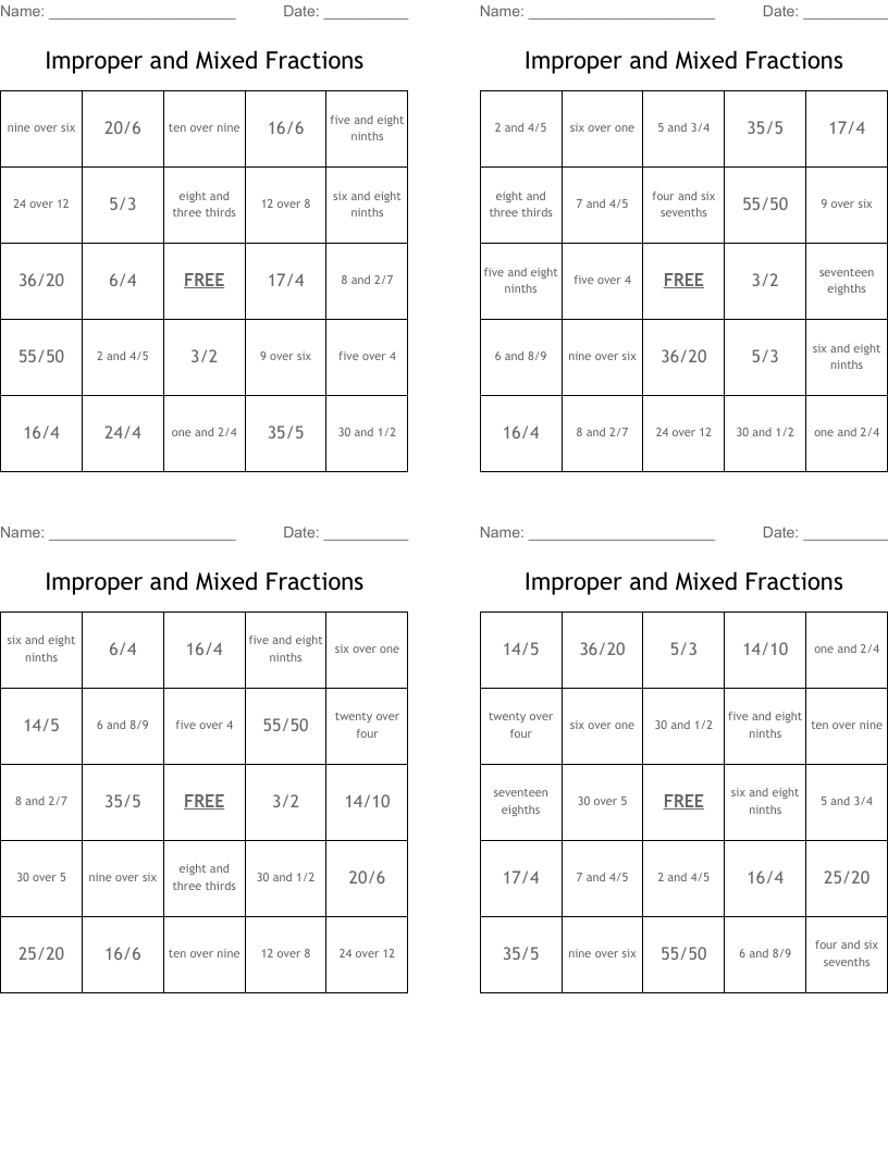 Improper and Mixed Fractions Bingo Cards