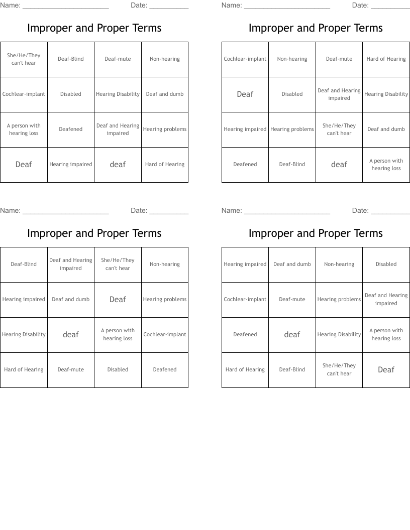 Improper and Proper Terms Bingo Cards