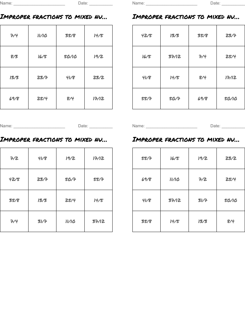 Improper fractions to mixed numbers Bingo Cards