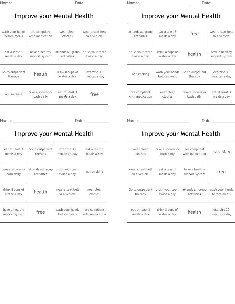 Improve your Mental Health Bingo Cards