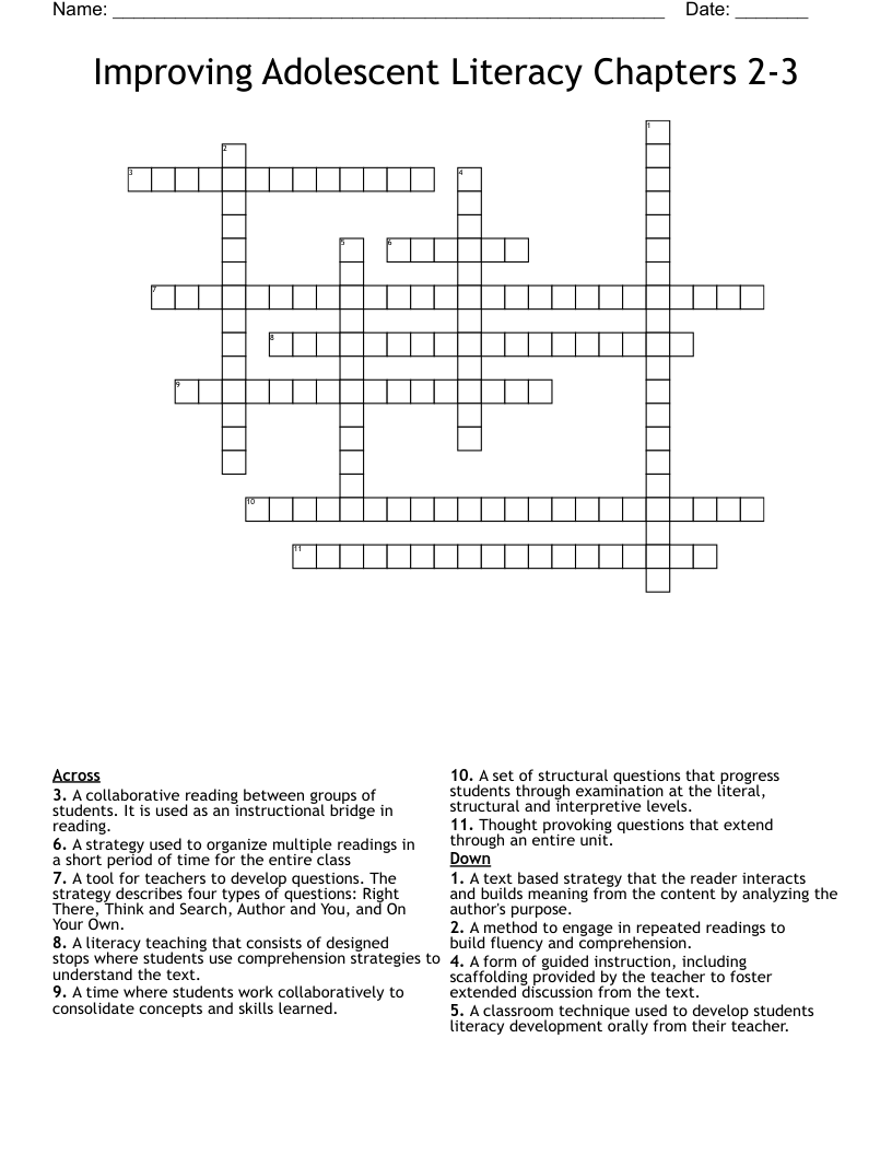 Improving Adolescent Literacy Chapters 2-3 Crossword