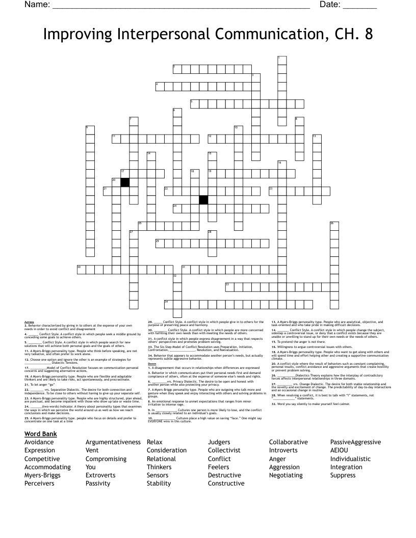 Improving Interpersonal Communication, CH. 8 Crossword