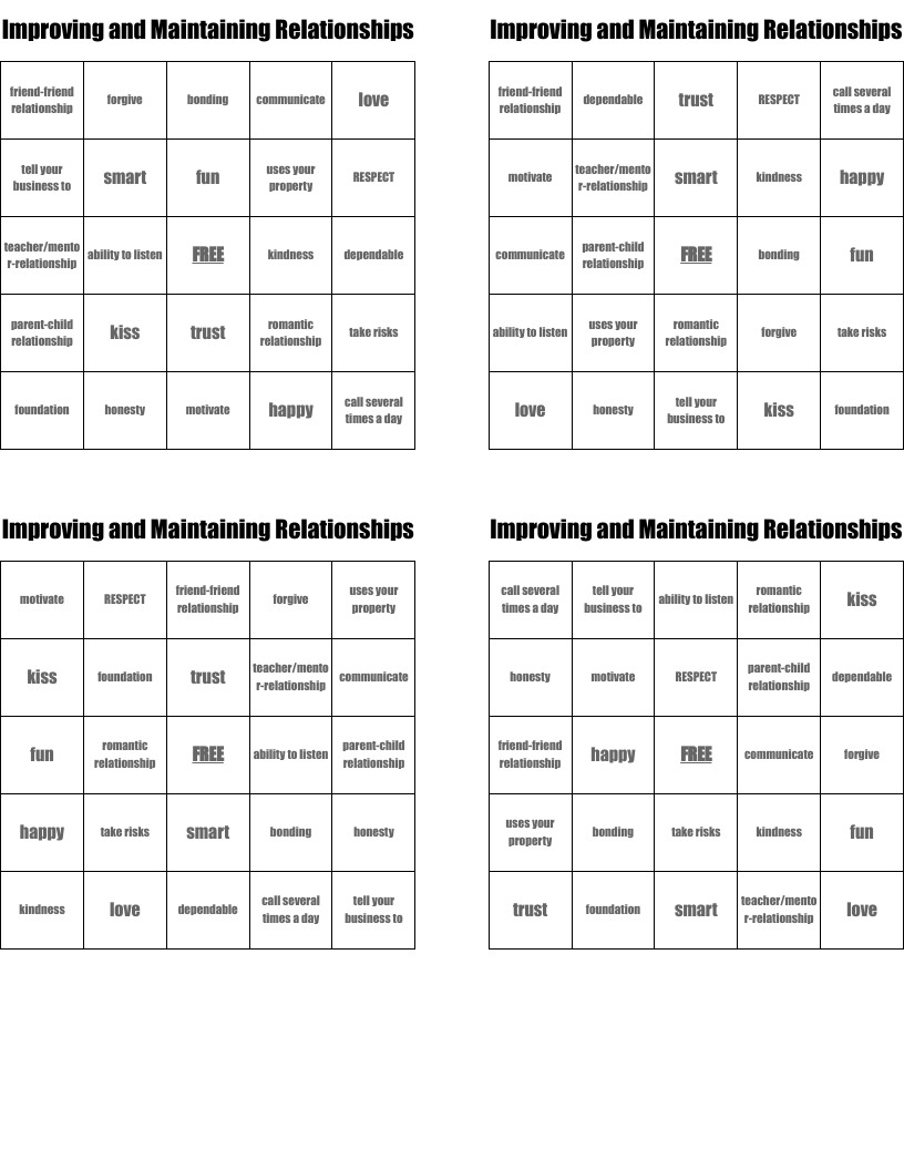 Improving and Maintaining Relationships Bingo Cards