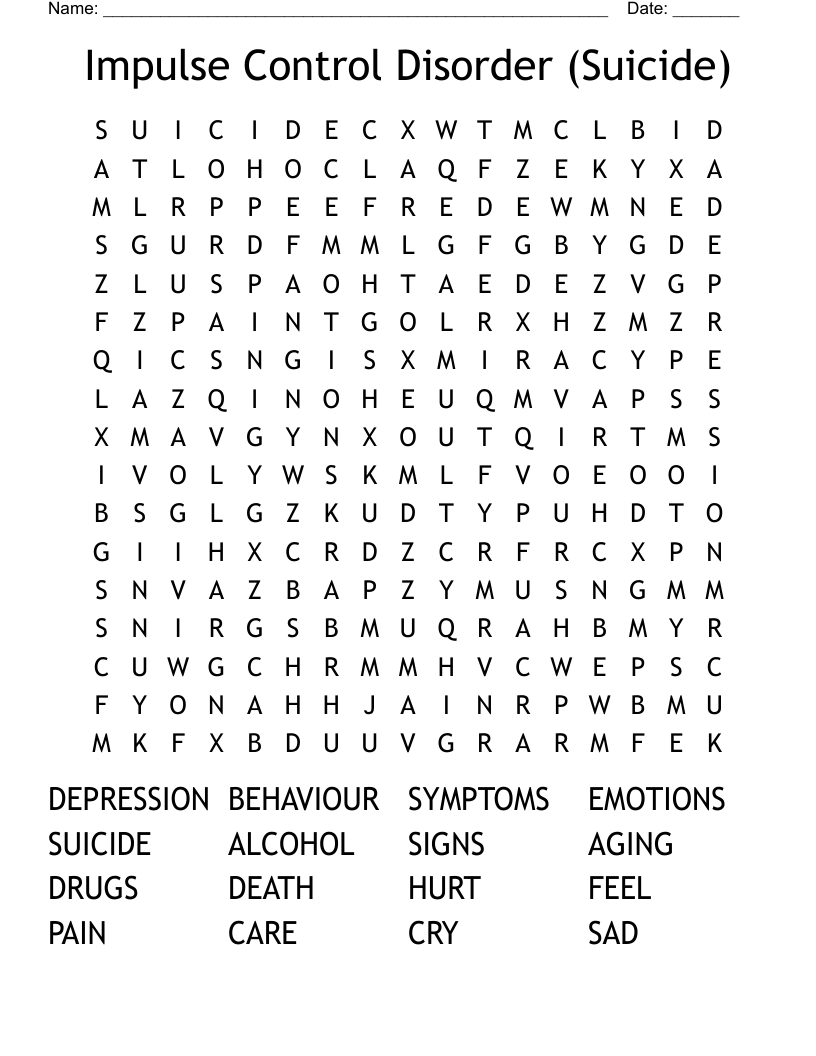 Impulse Control Disorder (Suicide) Word Search