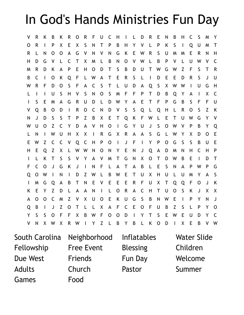 In God's Hands Ministries Fun Day Word Search