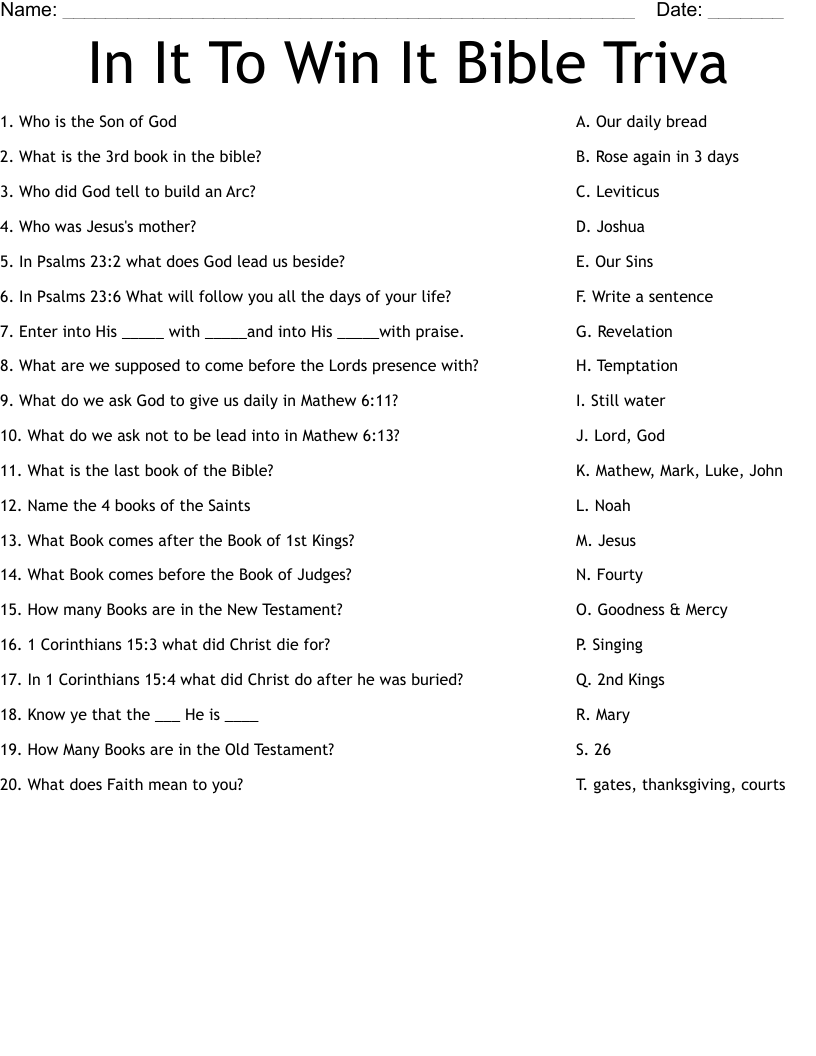 In It To Win It Bible Triva Worksheet