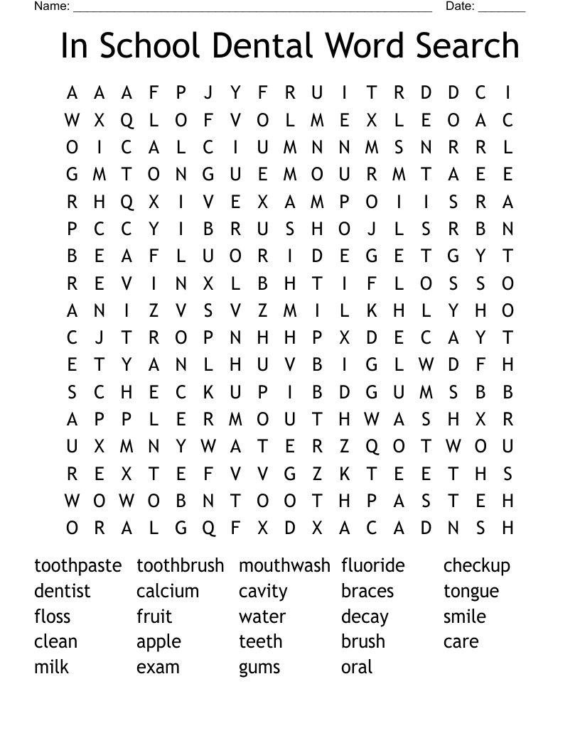 In School Dental Word Search