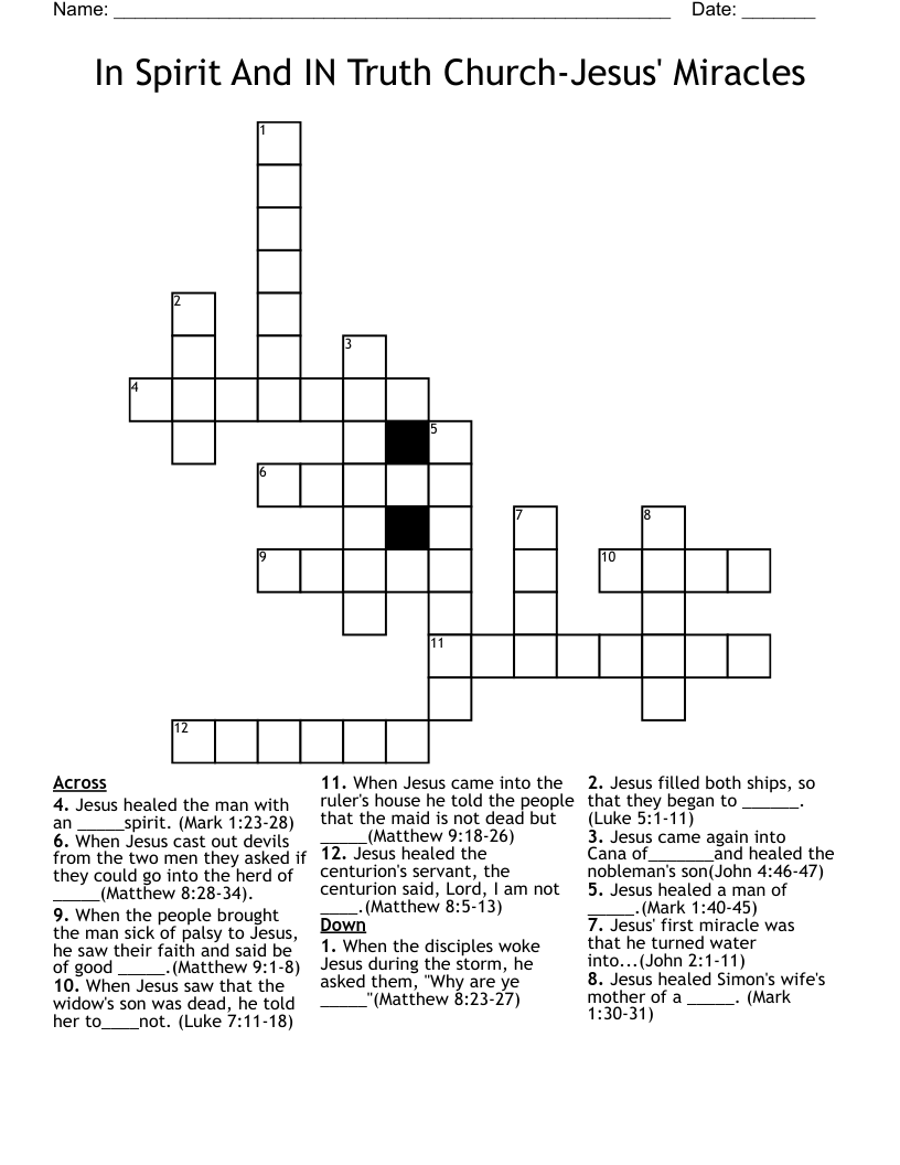 In Spirit And IN Truth Church-Jesus' Miracles Crossword