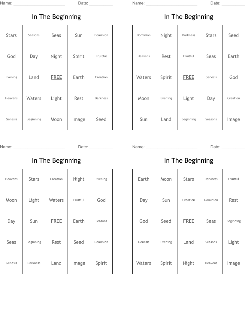 In The Beginning  Bingo Cards