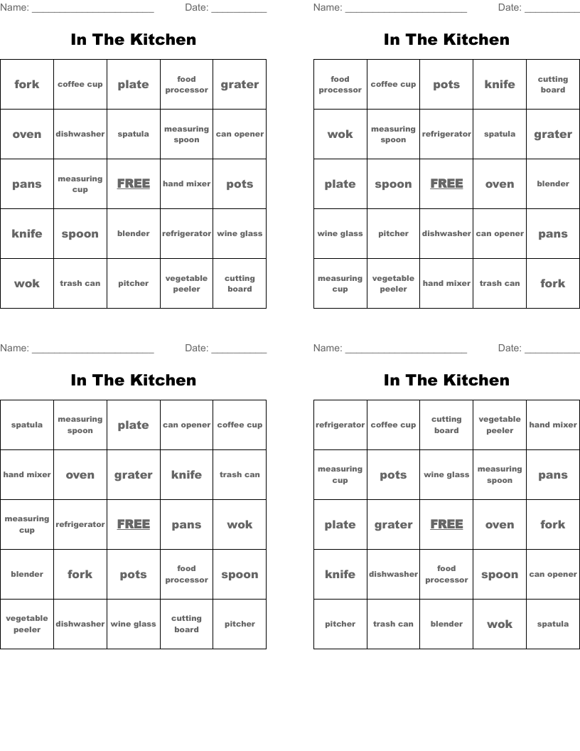 In The Kitchen Bingo Cards