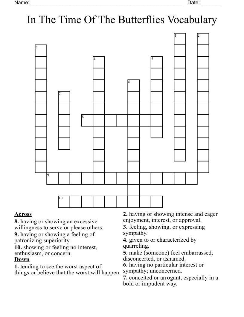 In The Time Of The Butterflies Vocabulary  Crossword
