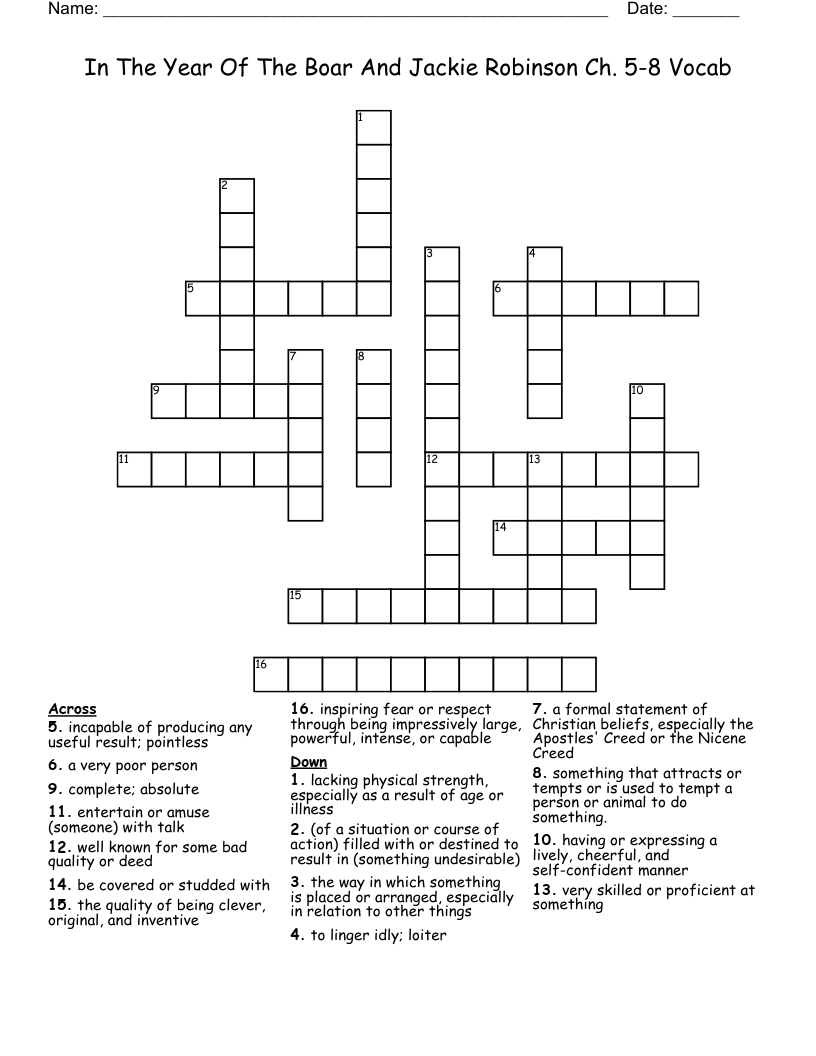 In The Year Of The Boar And Jackie Robinson Ch. 5-8 Vocab Crossword