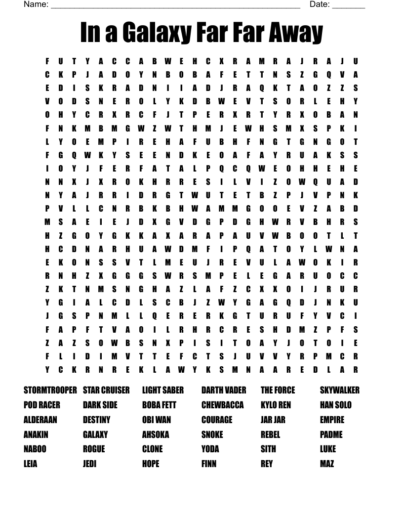 In a Galaxy Far Far Away Word Search