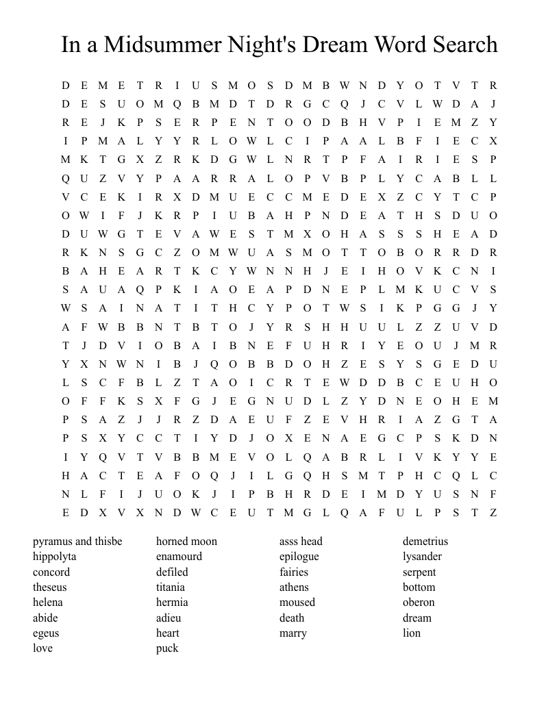 In a Midsummer Night's Dream Word Search 