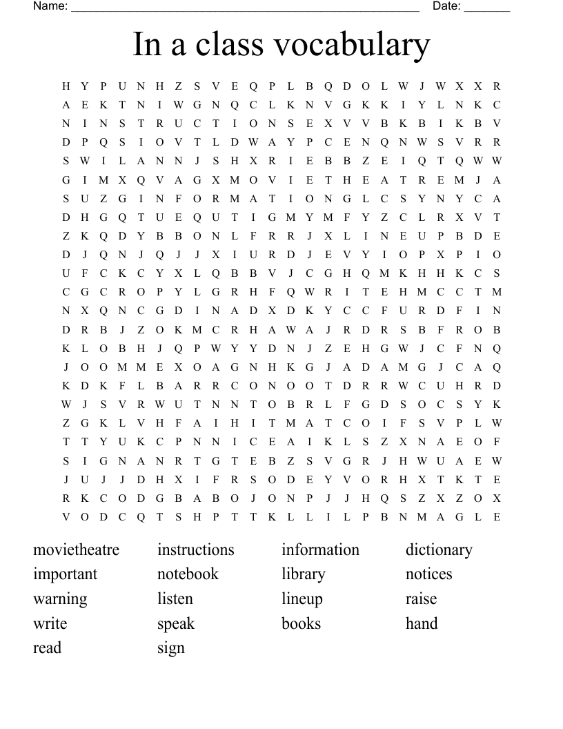 In a class vocabulary Word Search