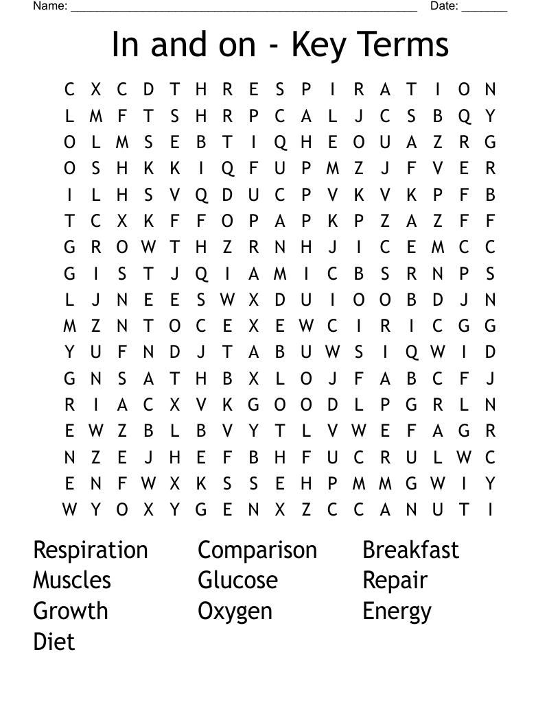 In and on - Key Terms Word Search