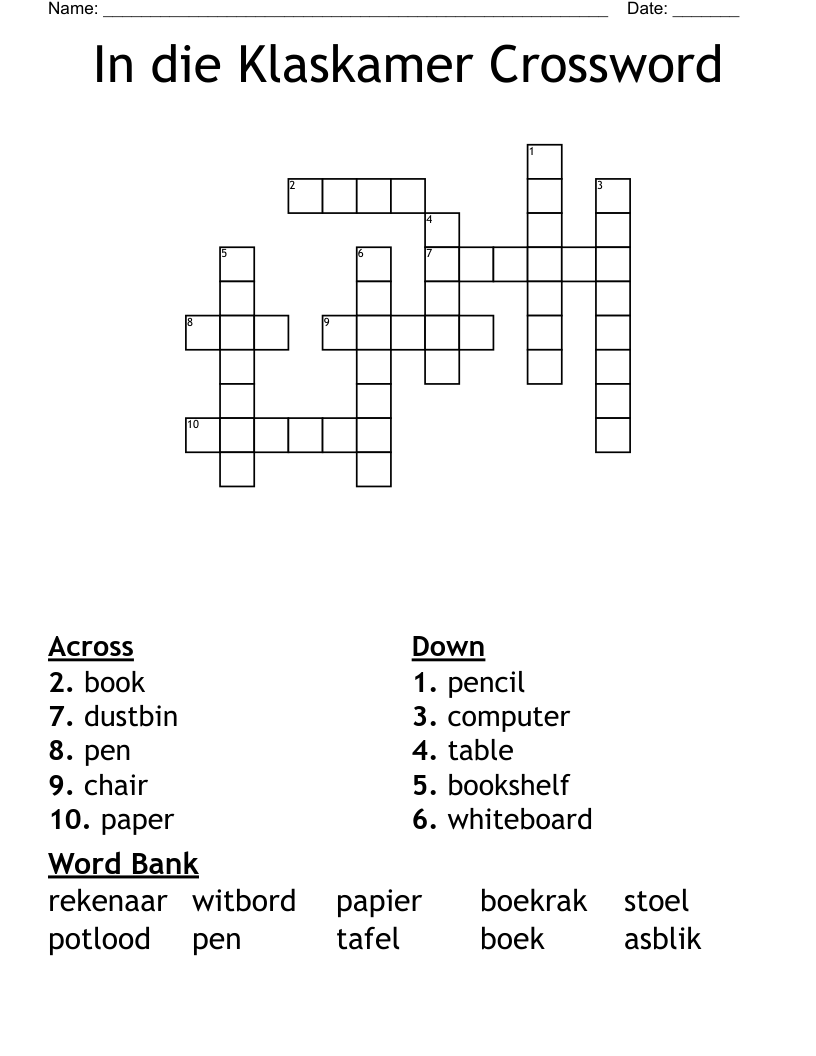 In die Klaskamer Crossword