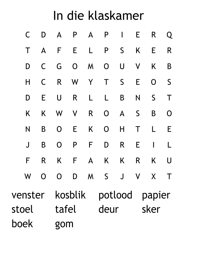 In die klaskamer Word Search