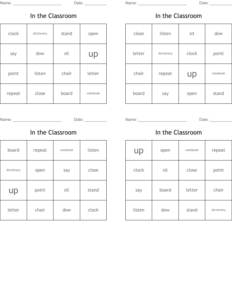 In the Classroom Bingo Cards