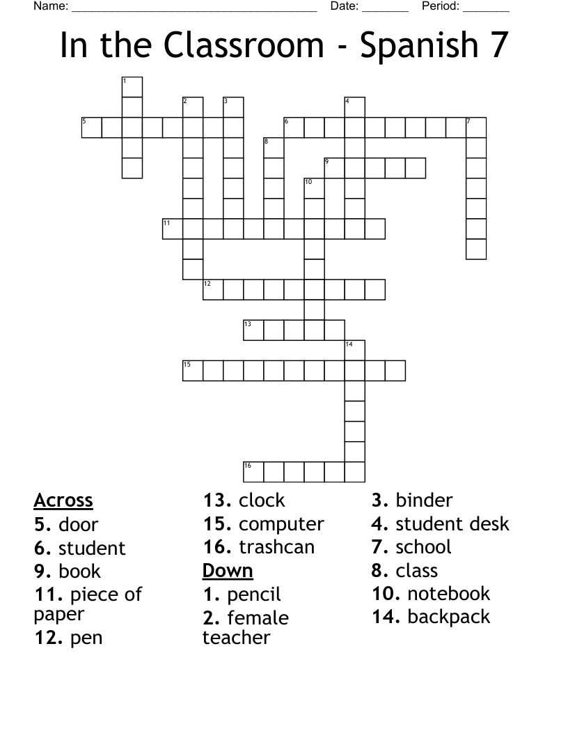 In the Classroom - Spanish 7 Crossword