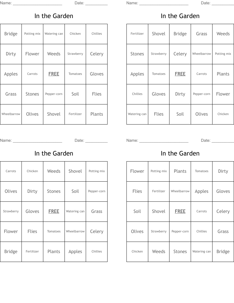 In the Garden Bingo Cards