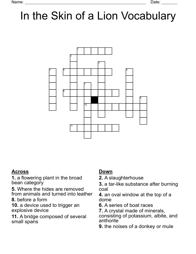 In the Skin of a Lion Vocabulary Crossword