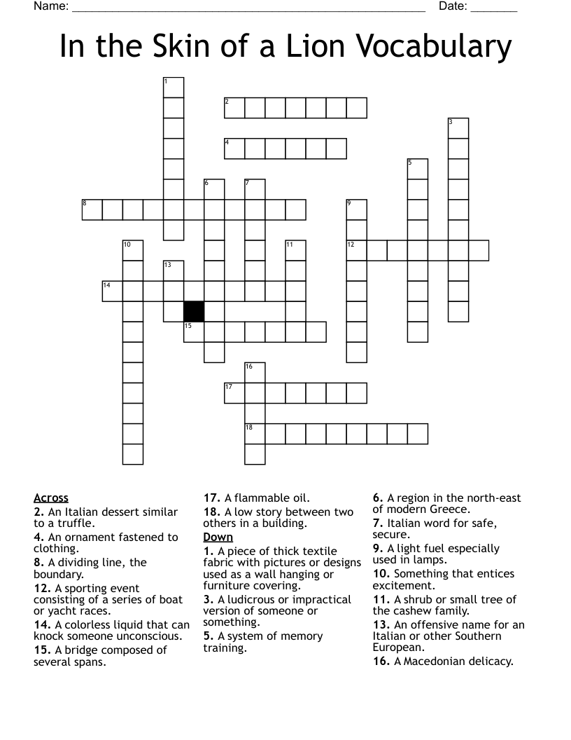 In the Skin of a Lion Vocabulary Crossword